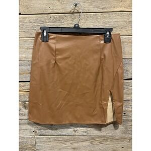 NWT HYFVE Women's Camel Color Faux Leather‎ Skirt Slit Size Medium